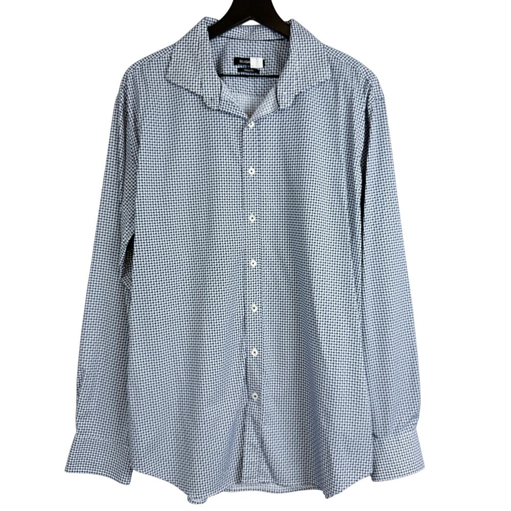 Bugatchi Blue Black White Houndstooth Button Up Shirt - 2XL XXL